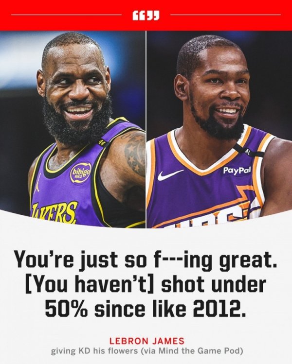 James: Durant, you are too TMD strong. Your shooting percentage has not been lower than 50% since 2012.