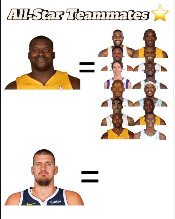 Nuggets  self-media compares the number of teammates of the two centers: O Neal 12, Jokic s career has 0 so far