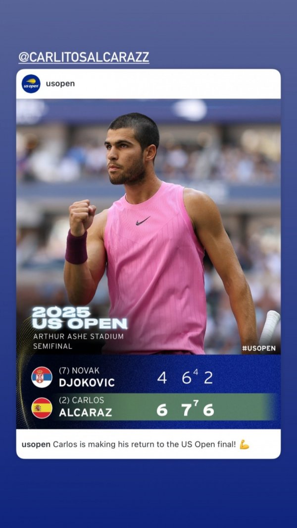 Linkage! Butler watches the US Open men s singles semifinal live and forwards Alcalas  victory poster