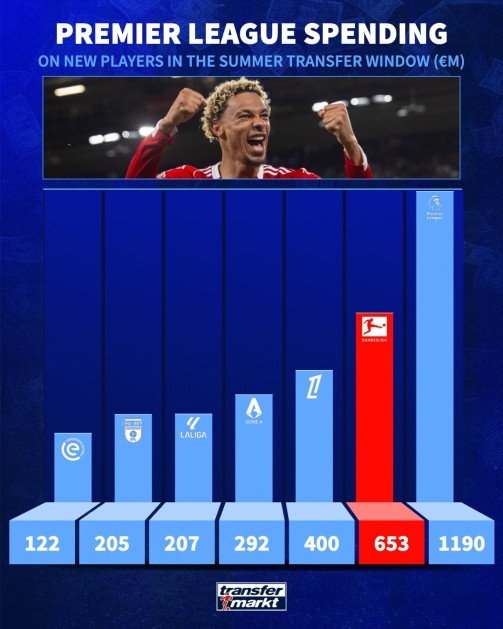 Where does the Premier League signing transfer fee this summer: 1.19 billion in the league, 653 million in the Bundesliga, and 400 million in the Ligue 1