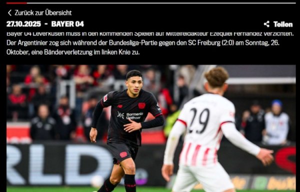 Official: Leverkusen midfielder Ezequiel has injured his left knee ligament and will be out for 7 to 8 weeks.