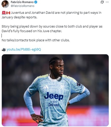 Romano: Juventus and David have no plans to break up, and the players are currently fully focused on Juventus games